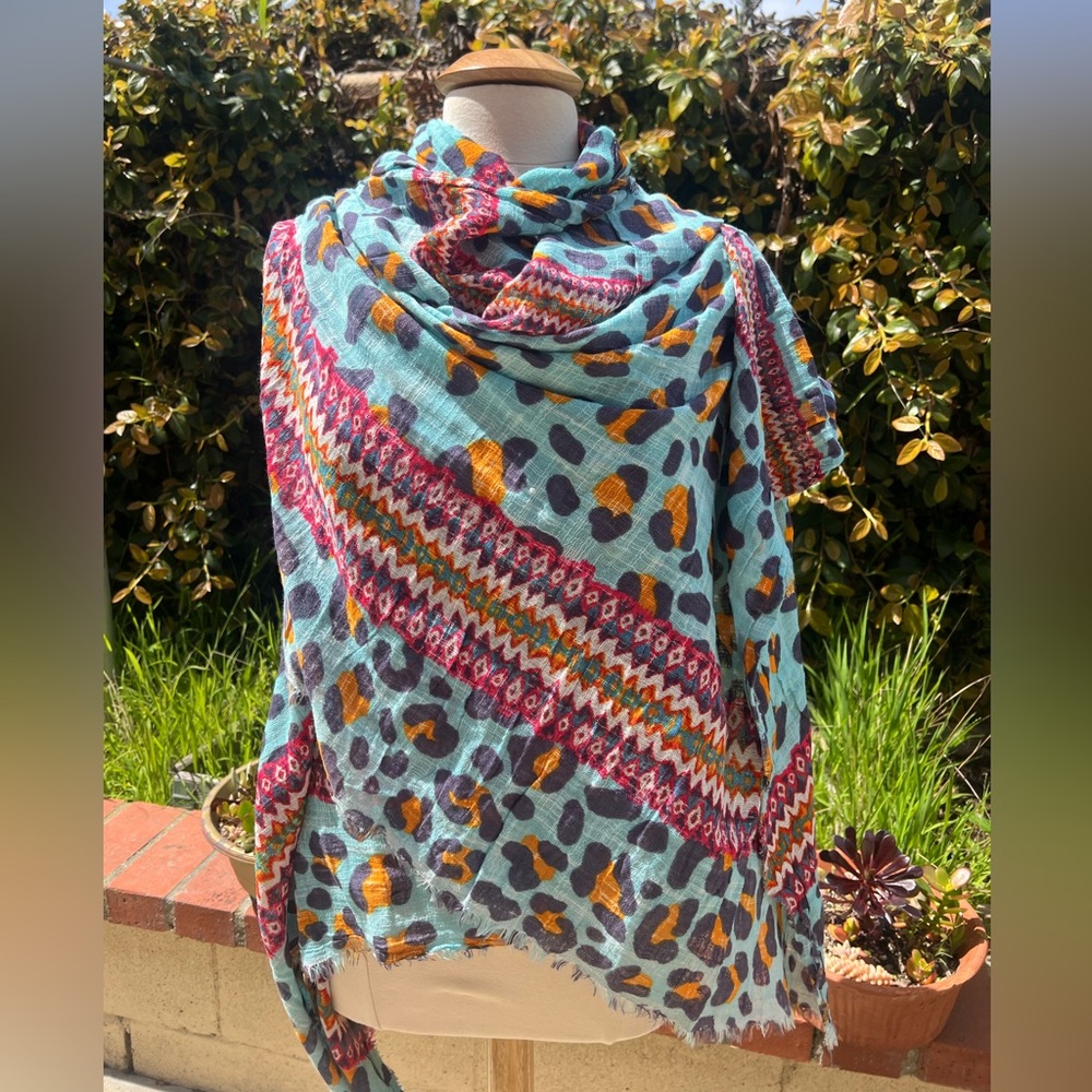 Vibrant Blue and Pink Patterned Scarf